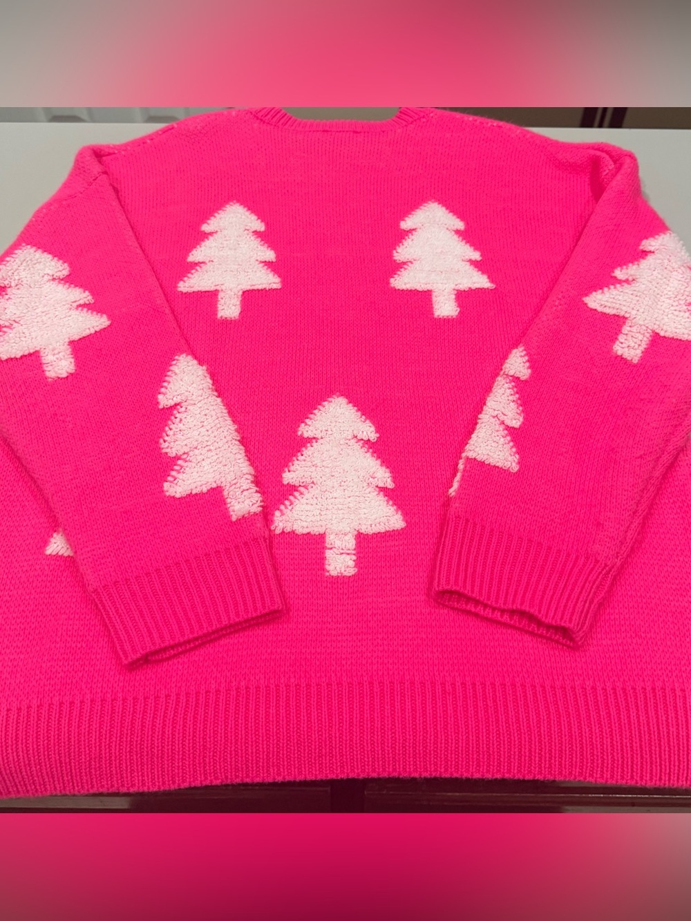 Pink Lily Hot Pink Christmas Sweater with White Tree Motifs. Size Large.